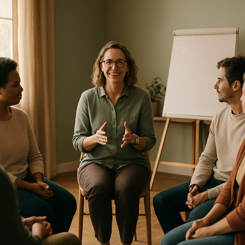 A facilitator leading a small workshop of educators seated in a circle