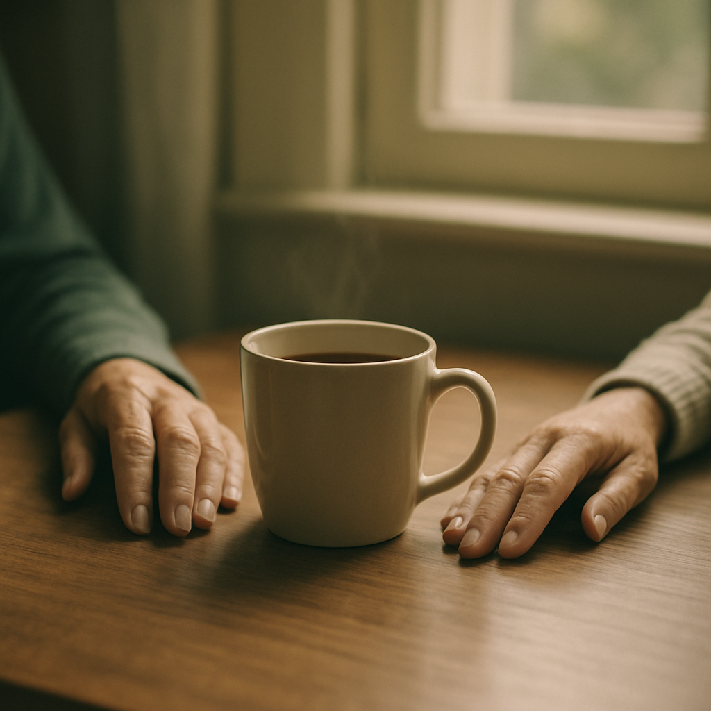 Hands resting near a warm cup of tea beside a sunlit window