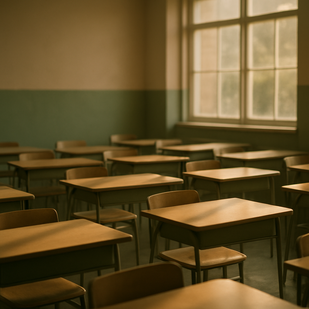 An empty classroom in warm late-afternoon light