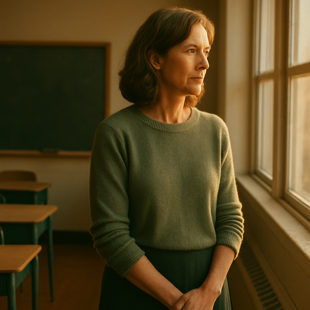 A teacher pausing quietly by a sunlit classroom window in the late afternoon