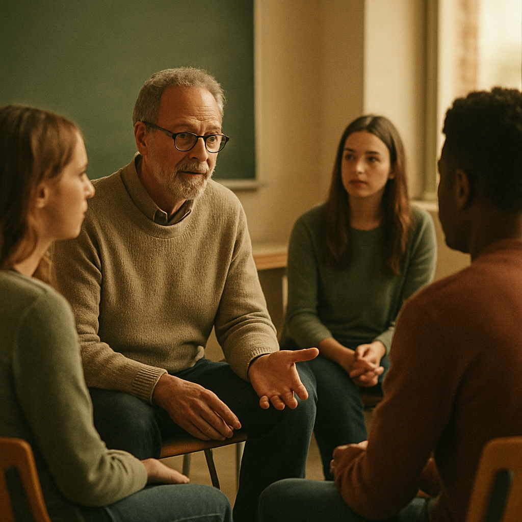 A university professor in conversation with a small group of students in a sunlit seminar room
