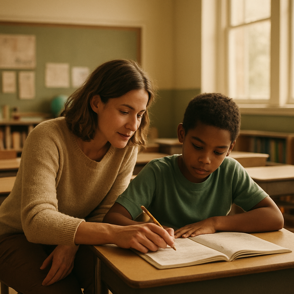 An elementary teacher kneeling beside a young student helping them at their desk